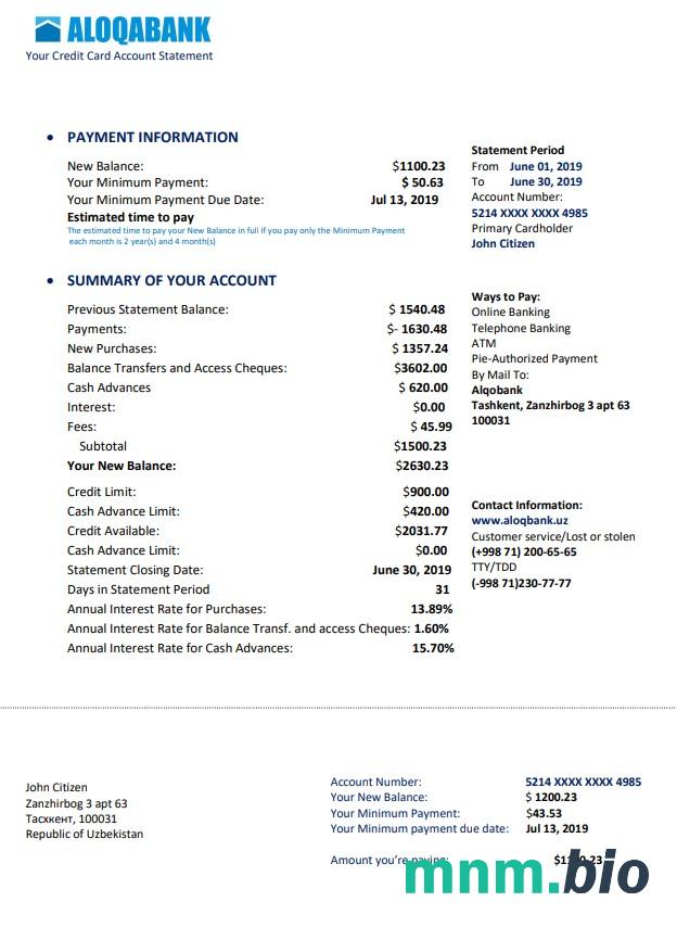 Uzbekistan Aloqabank szablon w formacie excel pdf